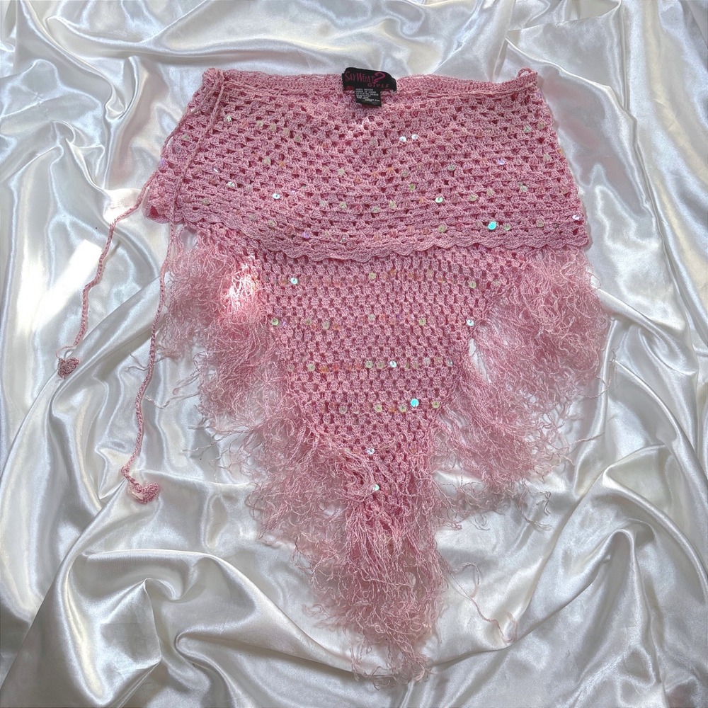 y2k Crochet Wrap shaw Pink Excellent Sequin Fringe Handkerchief Hem Wrap Skirt